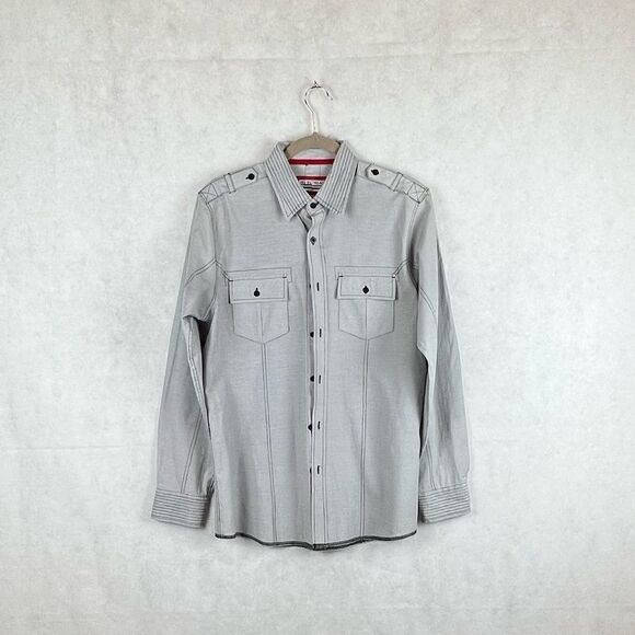 No Retreat Engineer Grey Black Striped Button Up Casual Shirt - Picture 1 of 12
